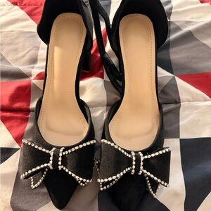 Black Bow Pointed-Toe Women's Heels with Rhinestone Trim